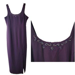 J.R. Nites by Caliendo Sleeveless Beaded Sheath Cocktail Midi Dress Plum Purple